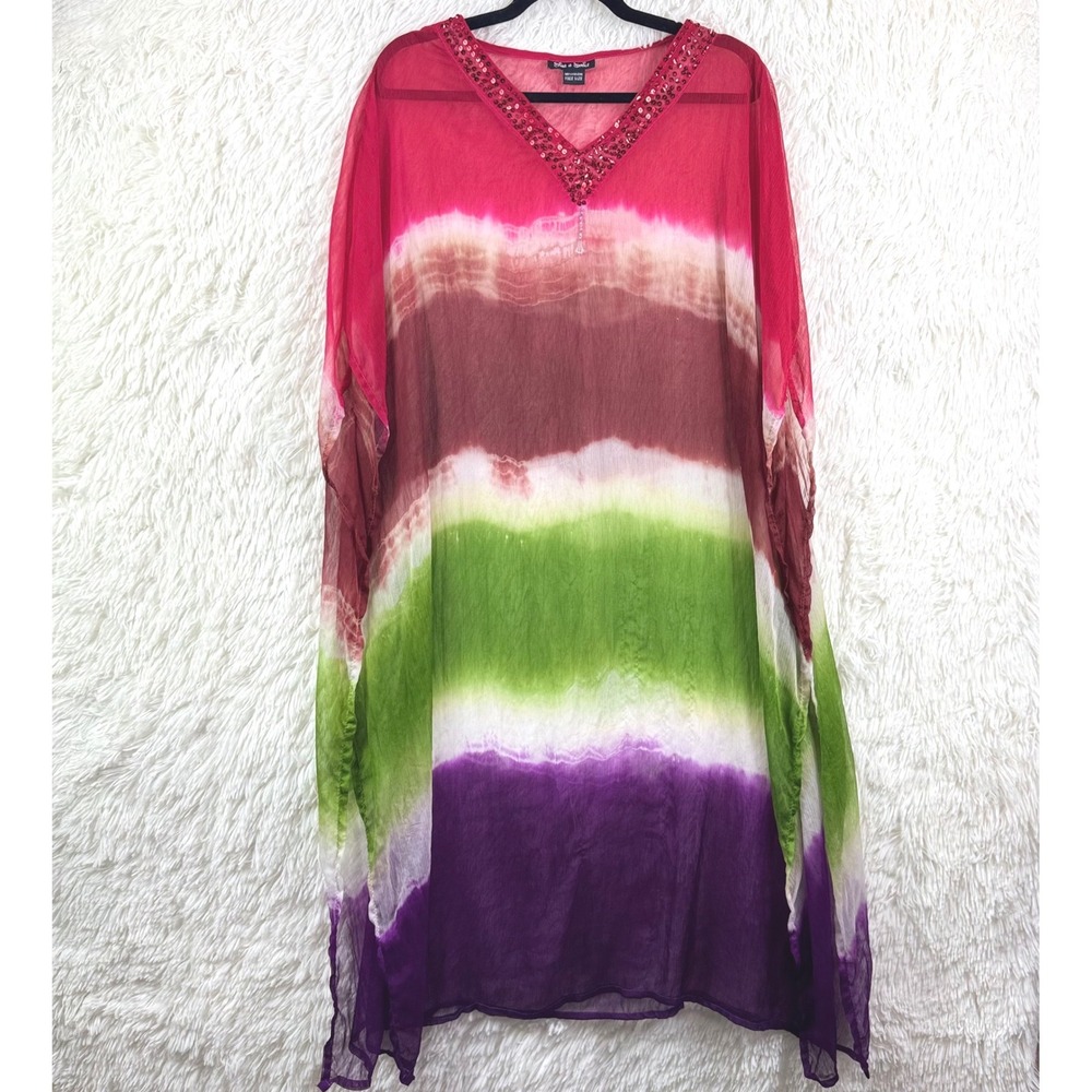 Vintage Shine N Smile Sheer Tie Dye Sequin Kaftan Tunic Dress Free Size